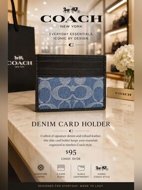 Coach Denim and Black Leather Card Holder